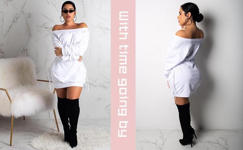 OYV Women's Sexy Off Shoulder Long Sleeve Lace Up Loose Club Mini Dress
