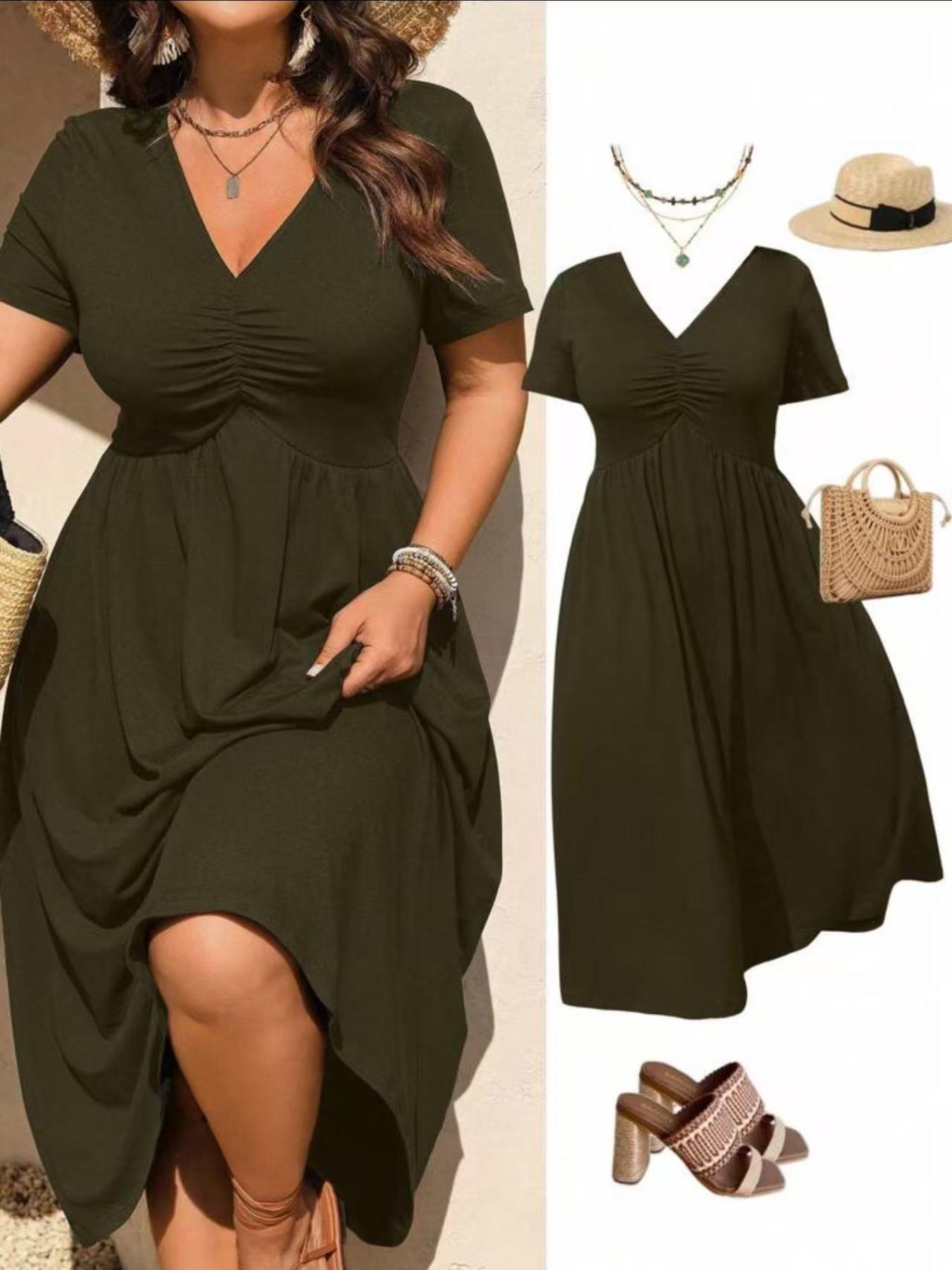 Plus Size V-Neck Ruched Fitted Bra Top Short Sleeve Midi Dress, Casual Summer Flowy A-Line Skirt, Women's Fashion Clothing