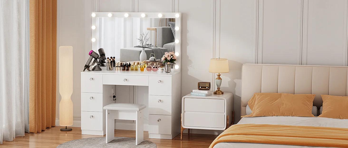 VOWNER 58"Tall Makeup Vanity Desk Set With Power Outlet, 14 Bulbs And Mirror, 7 Drawers