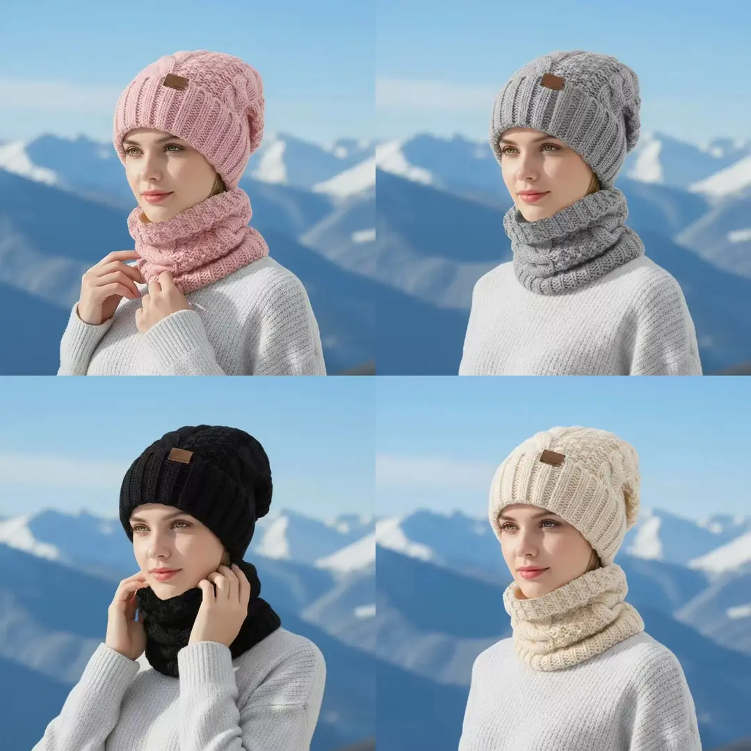 New Women's Winter Knit Hat & Neck Warmer Set – Windproof, Warm, Ear-Protecting, and Cozy for Outdoor Use