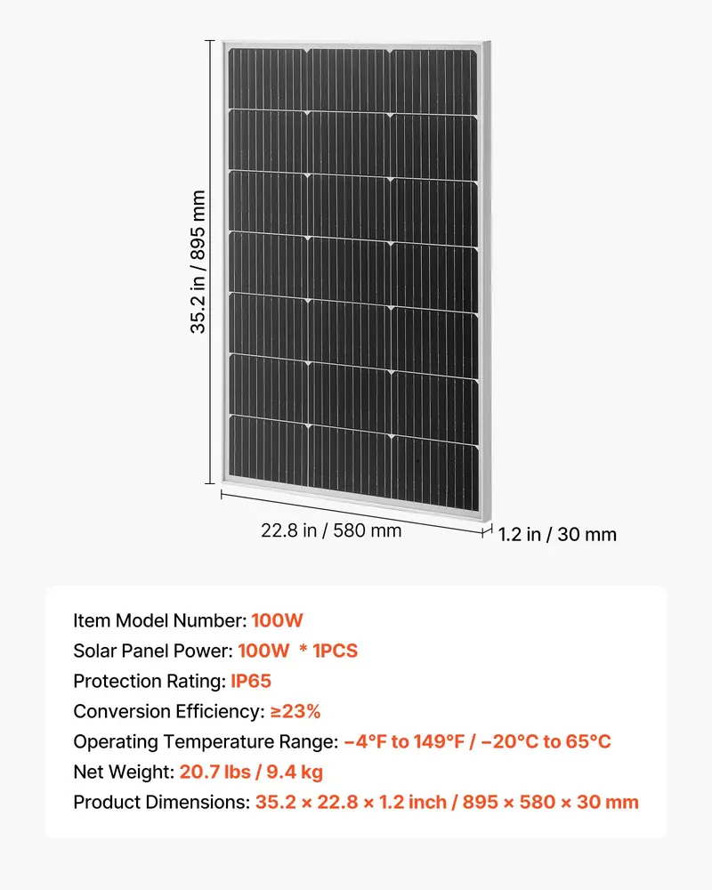 【Summerfinds】VEVOR 100W Monocrystalline Silicon Solar Panel (1pcs, 100-149W), Tempered Glass, 23% High-Efficiency Mono PV Module, MC4 Cable Output, Aluminum Frame, IP65 Waterproof, 35.2x22.8x1.2 inches, 10.4lbs, for RV/Boat Roof, Off-Grid Users