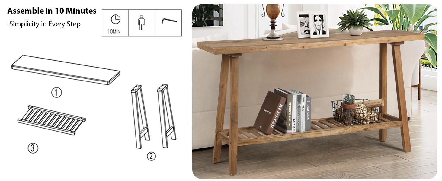 HOKYHOKY Reclaimed Solid Wood Console Table, 43.3" Farmhouse Entryway Table, Narrow Couch Tables Behind Sofa, 2 Tiers Accent Tables for Hallway, Entrance, Foyer, Living Room