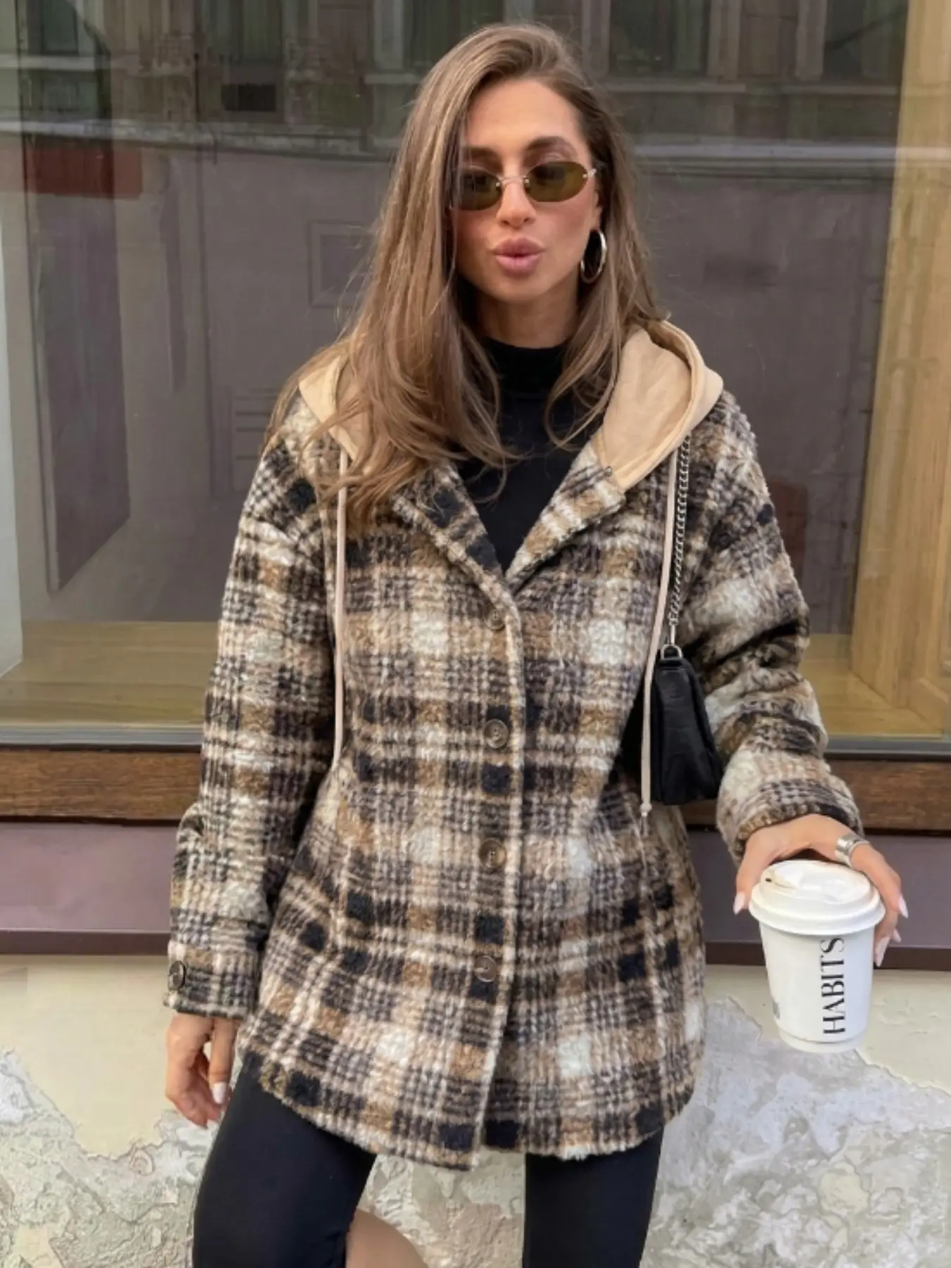 New Fall Winter Women's Jacket, Loose Fit Hooded Casual Plaid Fleece Flower Pattern Coat, Fashionable Warm Outerwear for Ladies