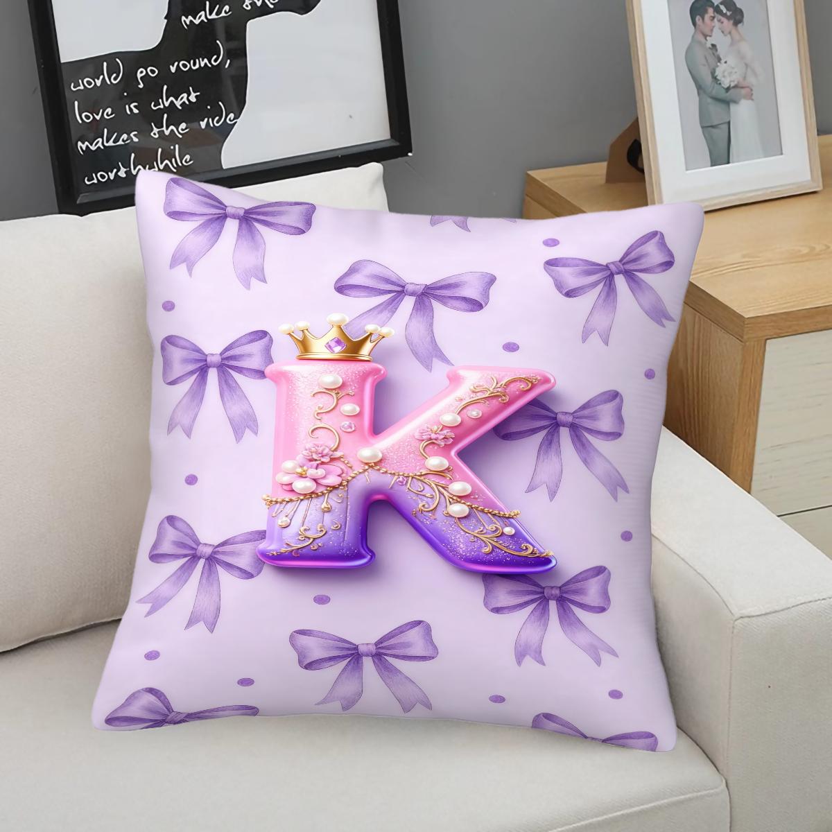 Purple 3D Letter A-Z Crown Throw Pillow 1 Pc with Insert, Soft Comfortable Square Cushion with Zipper Closure for Sofa Chair & Bedroom, Exclusive Customization with Initials Gift, Princess Style Home Decor