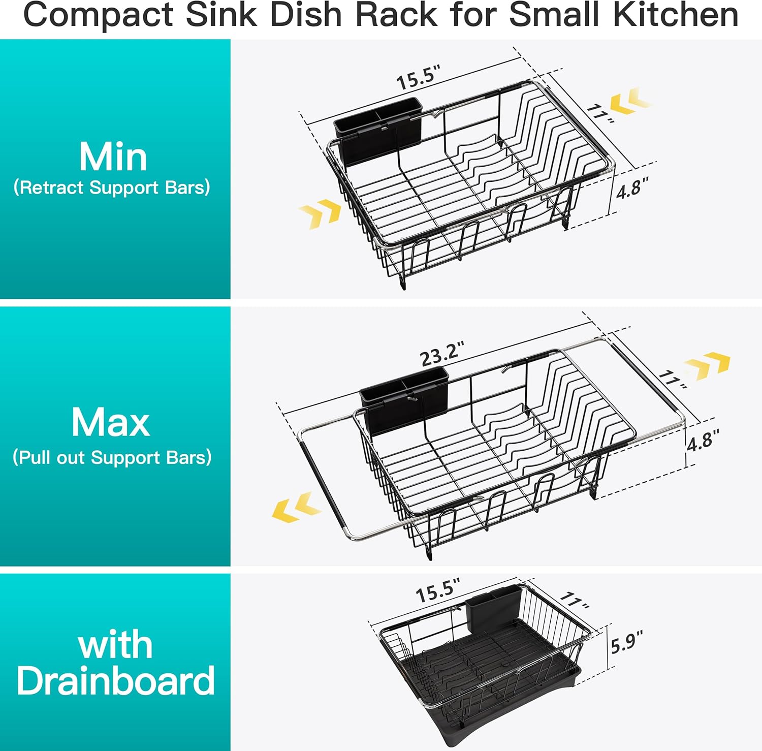 Dish Drying Rack for Sink, Expandable Stainless Steel Dish Drainer with Utensil Holder, Silver Over Sink and Inside Sink Dish Dryer Rack for Plates, Bowls, Cups and Kitchen Counter Storage
