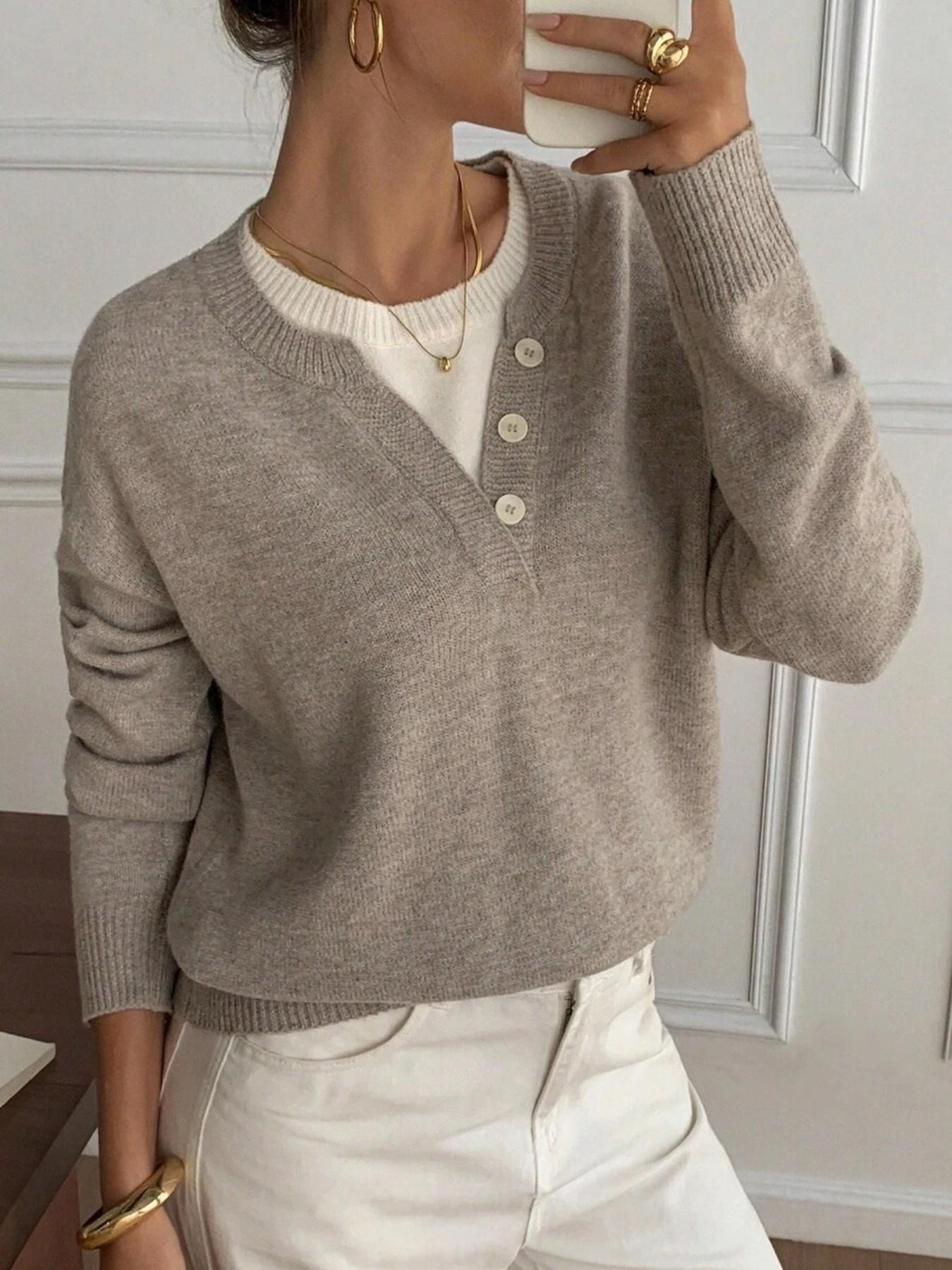 Women's Henley Neck Button Front Color Block Long Sleeve Vintage Chic Pullover Sweater, Knitwear, Knitting, Autumn Winter Casual Loose Fit 2 In 1 Sweater Top For Fall, Fashion Soft Daily Work Street Cute Daily Knitted Top for Women Collared Knit Top