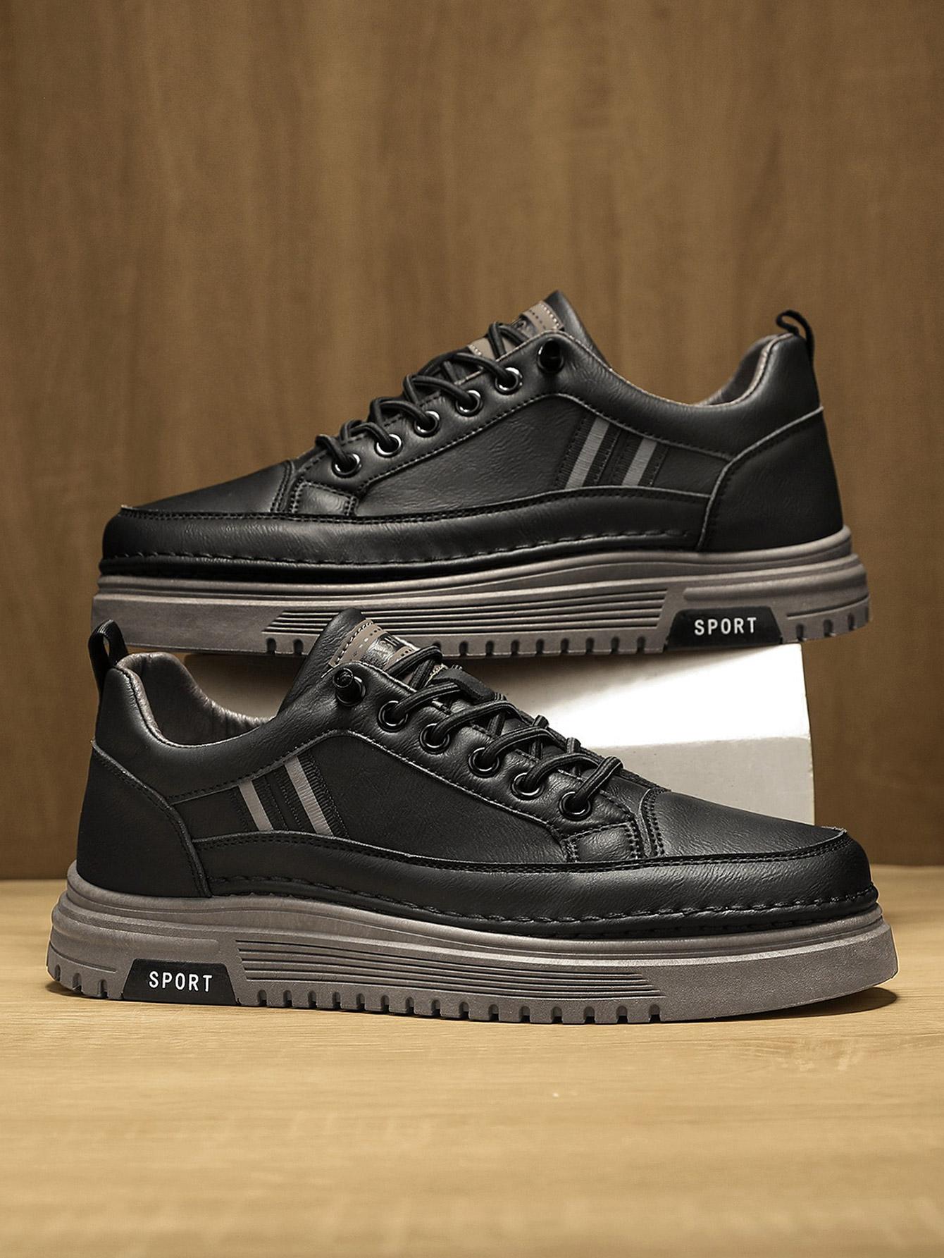 Men's Summer Thick Sole Sneakers, Simple Striped Casual Board Shoes, Soft Leather Breathable Lightweight, Height Boosting Slim Fit, Versatile Daily Wear