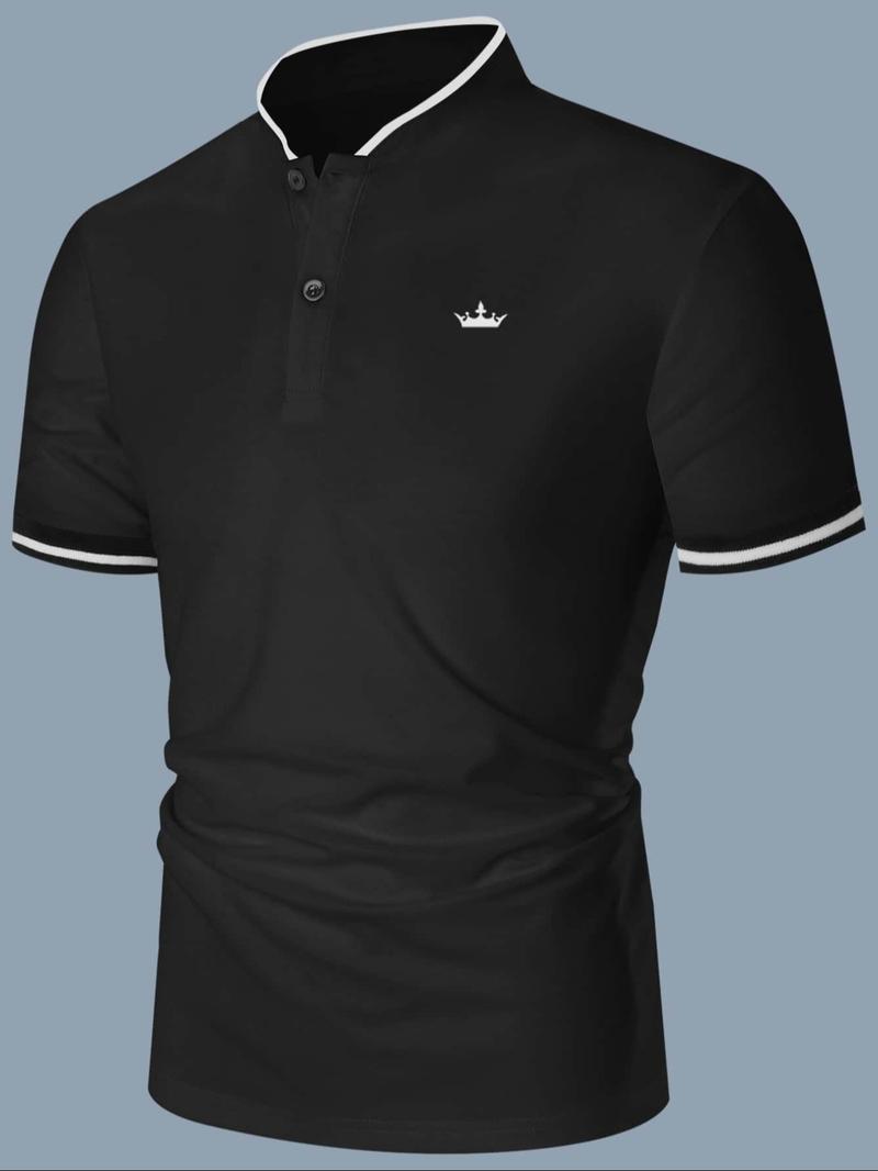 Men's Patchwork Geometric Print Polo Shirt, Fitted Casual Collared, Regular Fit Casual Short Sleeve Top for Summer, Men's Clothes for Daily Wear