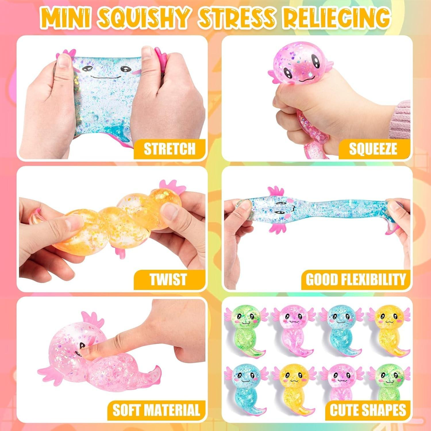 Cute Axolotl Squishies Stress Relief Toy Glitter Fidget Squeeze Toy for Kids Adults