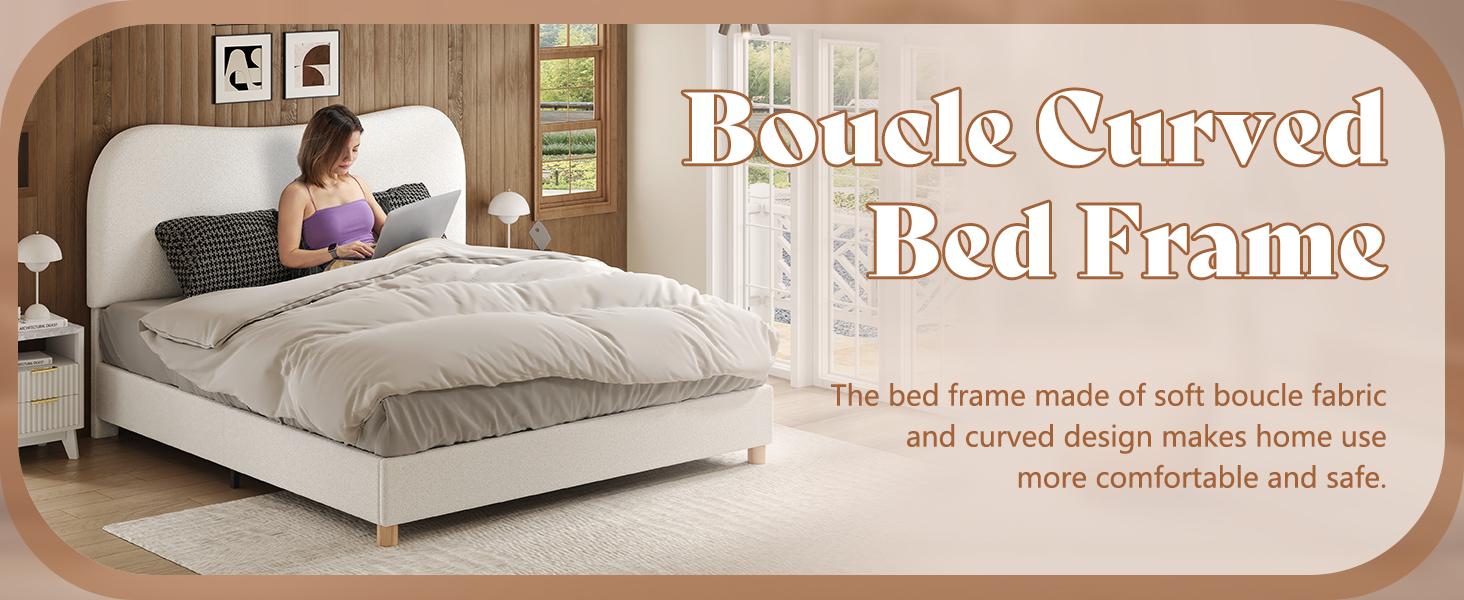 VanAcc Boucle Bed Frames, Upholstered Platform Bed with Curved Shaped Headboard, Soft Rounded Corners, Noise Free, Easy Assembly