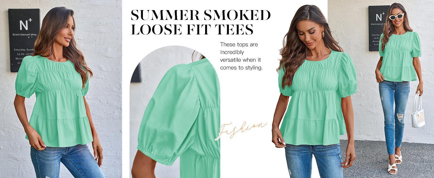 Beotyshow Womens Puff Sleeve Peplum Babydoll Tops Summer Smoked Pleated Cotton T-Shirts Casual Loose Fit Flowy Blouse