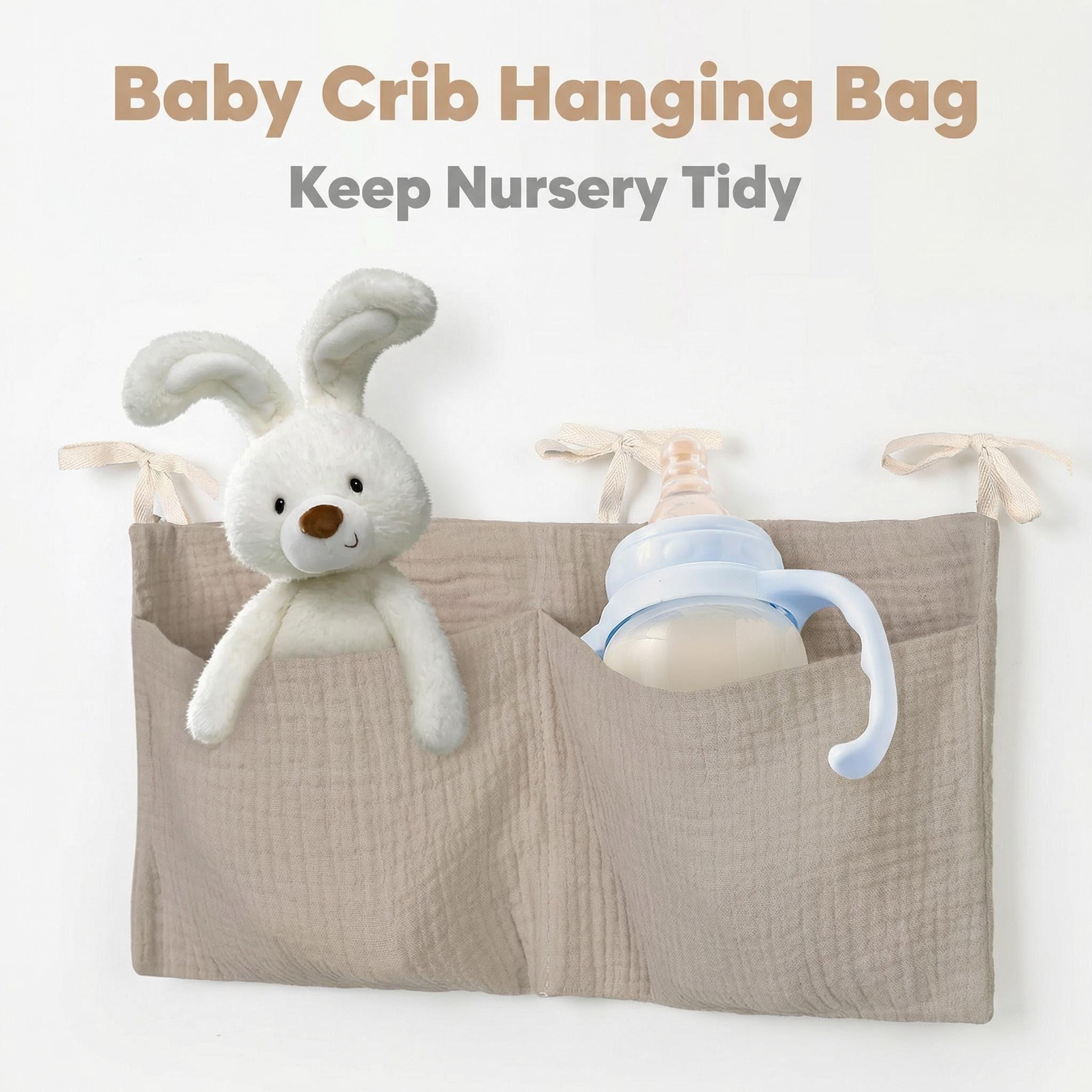 Baby Bed Hanging Bag, Soft Fabric 40x20cm, Toy Bottle Night Feeding Storage, Linen Organizer for Bedtime Toys, Universal Cord Fastening