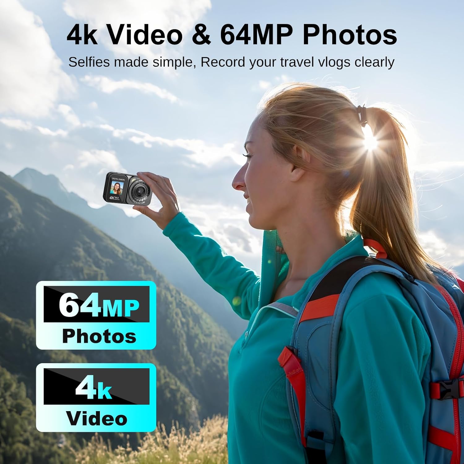 Digital Camera, 4K 64MP  Screens Camera, 18X Zoom, Point and Shoot Digital Camera with 64GB TF Card & 2 , Portable Rechargeable Small Camera for  Teens Adult (Black)