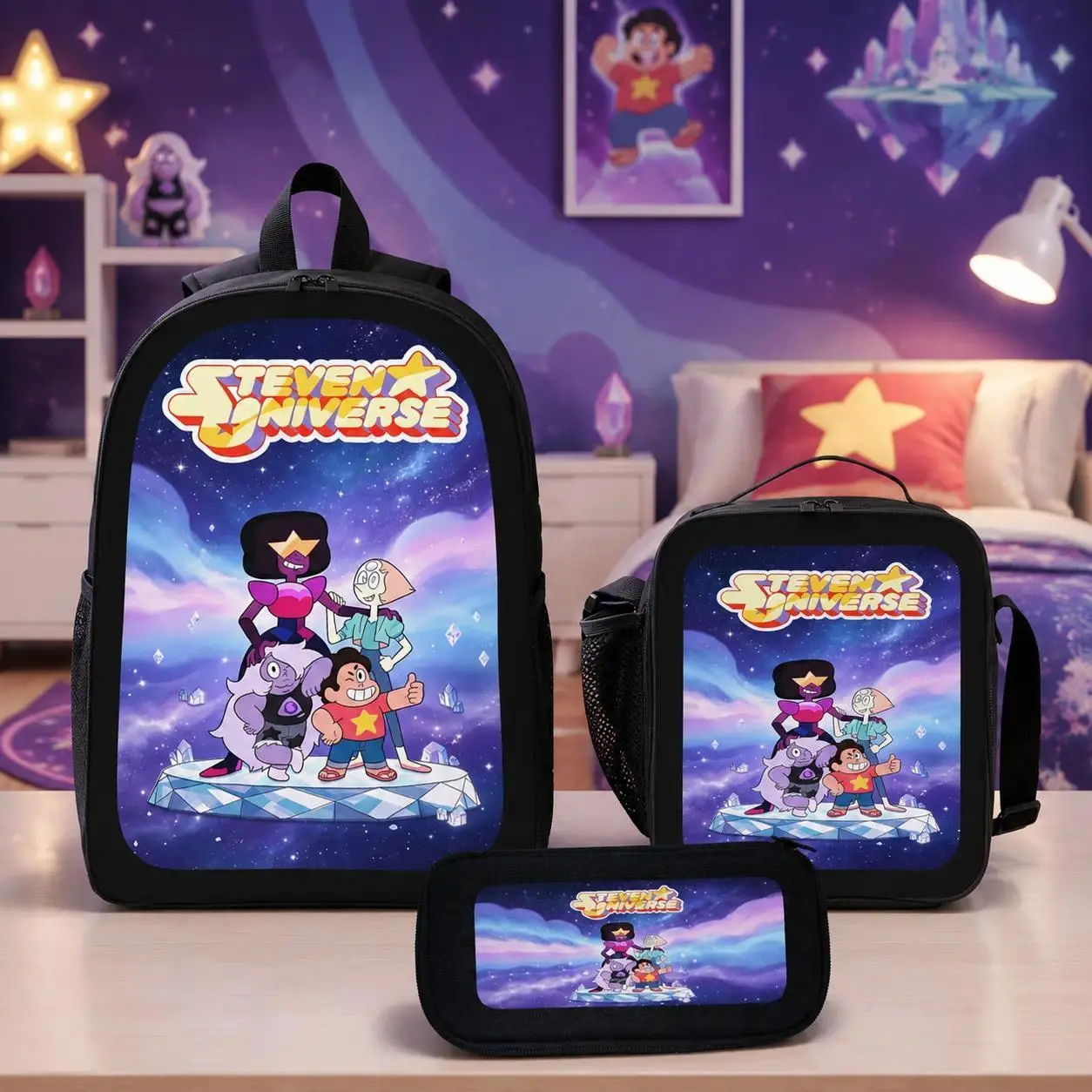 Steven Universe 3PCS Backpack Set Cartoon Kids Backpack Lunch Bag Pencil Case School Bag Back To School Essentials Lightweight Bookbag Travel Daily Carry Anime Merch Gift Boys Girls Students TikTok Trending Backpack Set