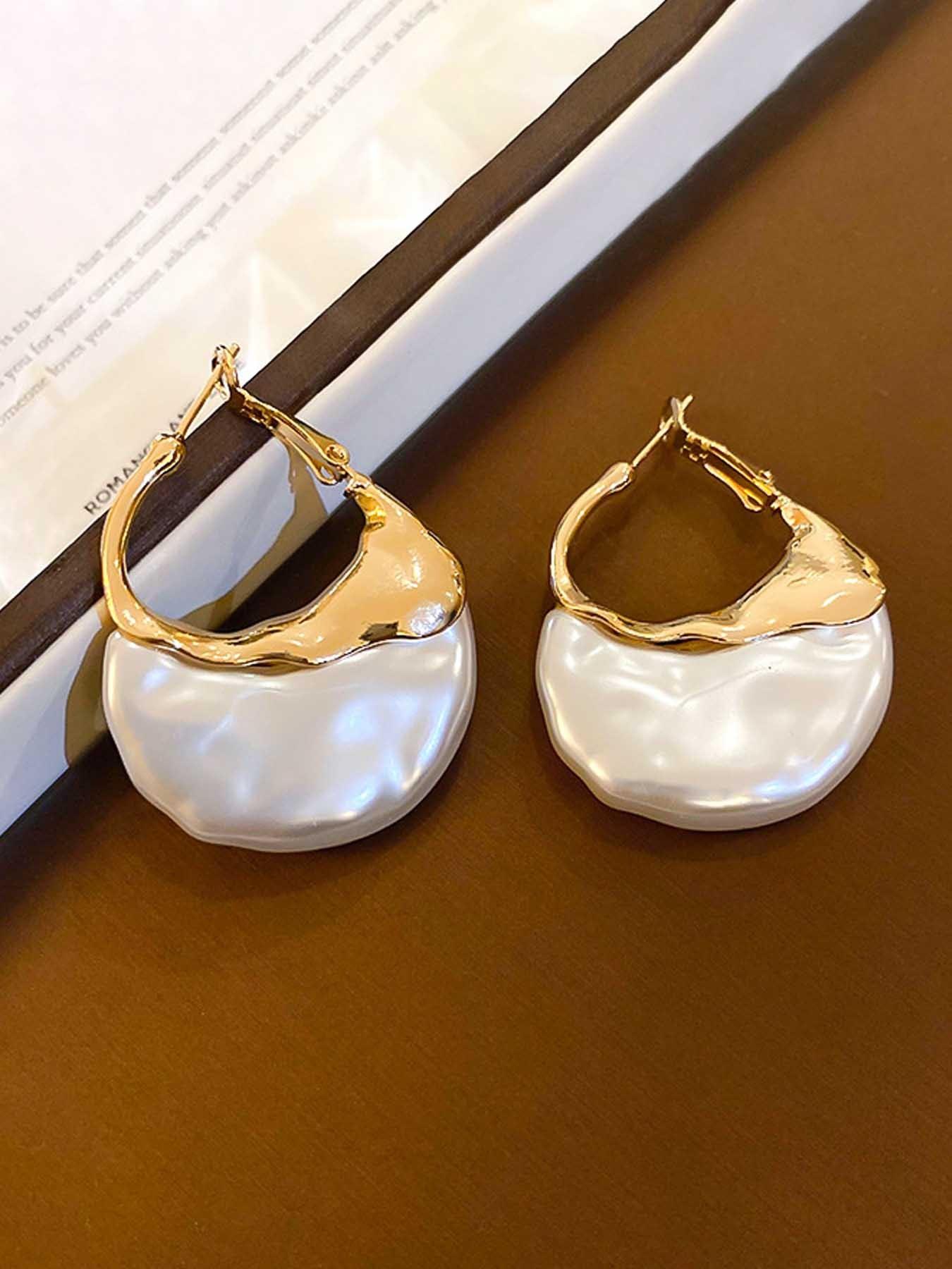 French Style Exaggerated Imitation Pearl Bag Shape Metal Earrings, Fashionable Simple Women's Elegant Creative Party Earrings