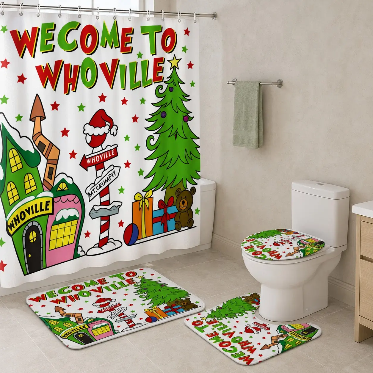 4pcs Whoville Christmas Bathroom Decor Set, Whimsical Grinchy Holiday Village Shower Curtain, Tiktok Trending Christmas Decorations