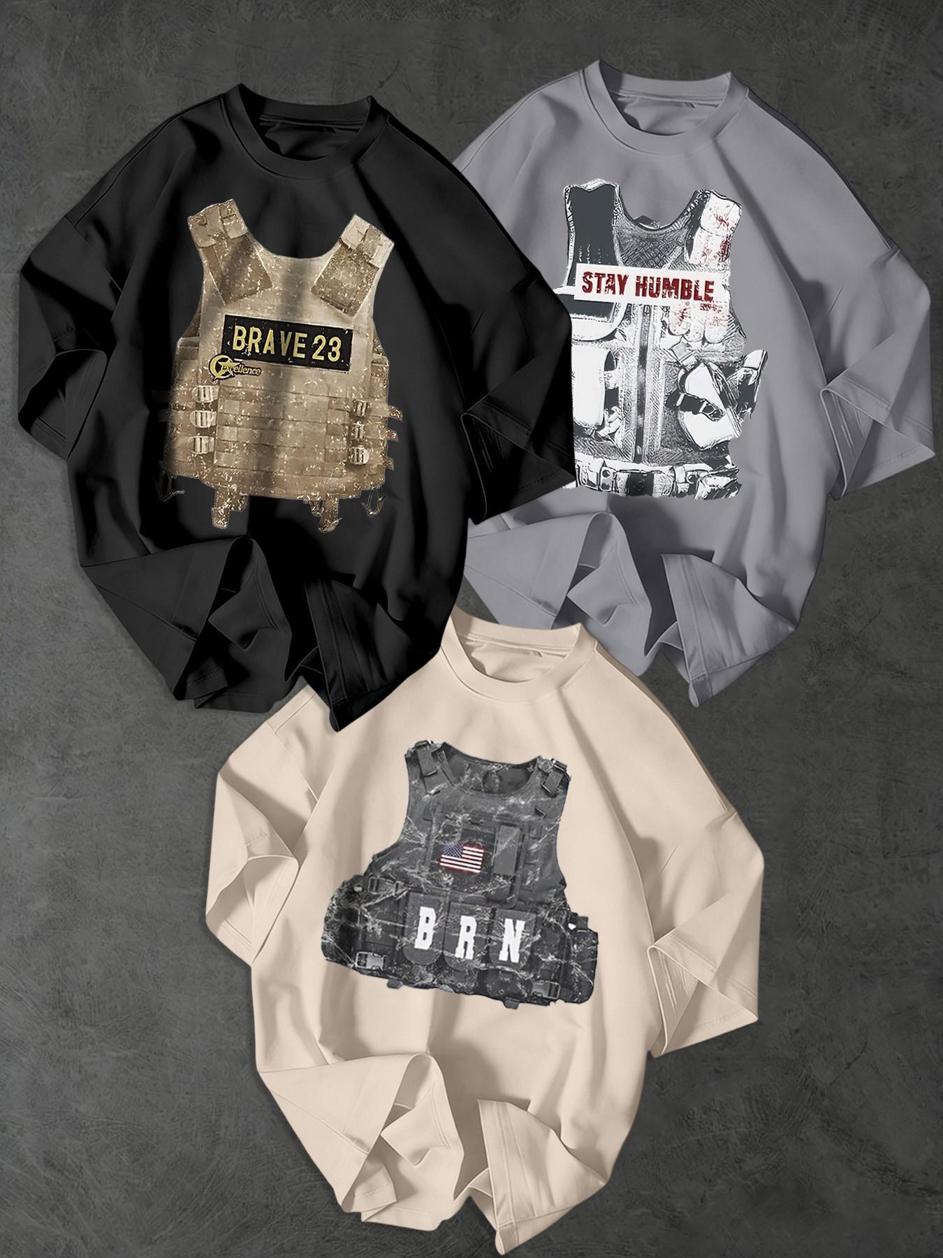 Men's Tactical Bulletproof Vest Print T-Shirt, 3-Pack Loose Short Sleeve, Casual Streetwear, American Style, Trendy