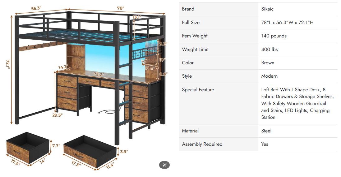Sikaic Full Metal Loft LED Bed Frame with 8 Storage Drawers & Charging Station and 4 Open Storage Shelves Brown