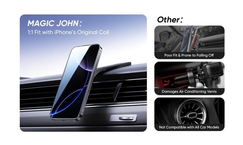 NEW - MAGIC JOHN Magnetic Car Mount – Bendable, MagSafe-compatible, strong magnet, one-hand use, air vent friendly