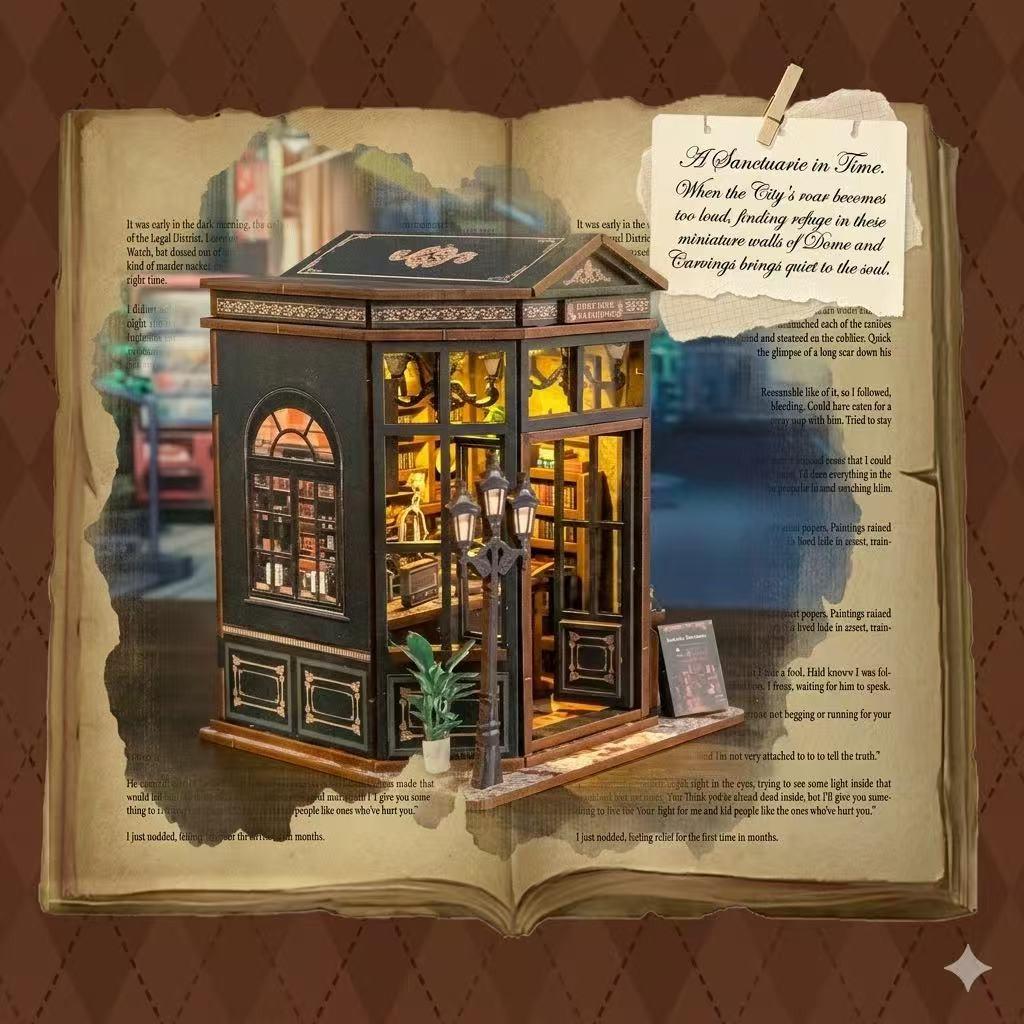 DIY Book Nook Kit, Dome Book Warehouse Miniature Dollhouse Bookstand with LED Light, 3D Wooden Puzzle Bookshelf Insert, Vintage Home Decor, Ideal Creative Gift for Adults & Teens