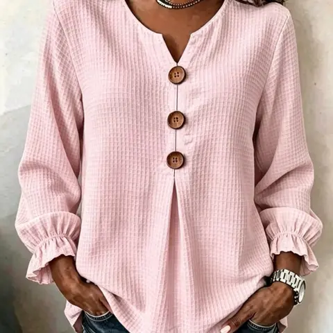 Women's Waffle Knit V-Neck Ruffle Hem Long Sleeve Top, Loose Fit Slimming Design, Elegant Casual Ladies' Clothing for Daily Wear