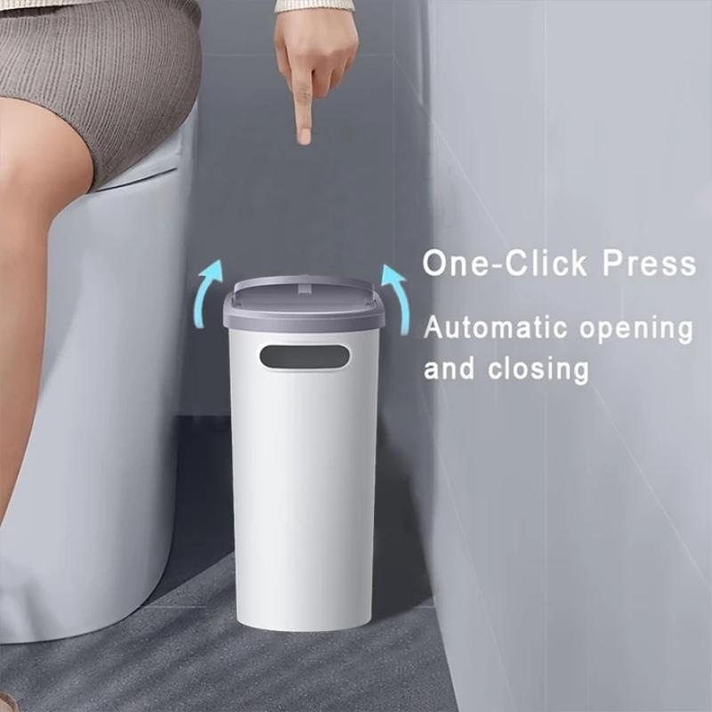 Bathroom Trash Can, 1 Count Household Creative Waste Bin with Holder & Handle, Press Type Can with Lid, Simple Paper Basket, Large Capacity Trash Bin, Home Essential Bathroom Accessories, Bathroom Essentials Accessories