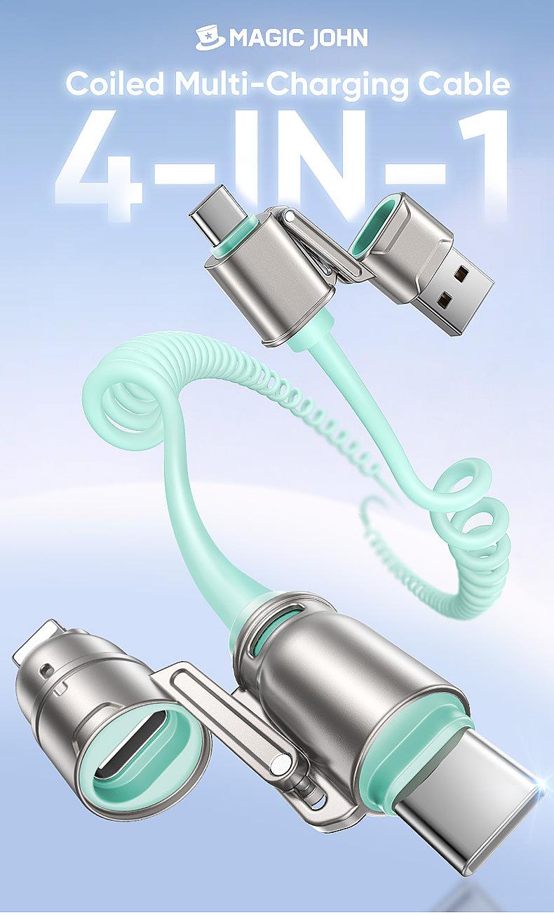 MAGIC JOHN Aromatherapy 4-in-1 Coiled Universal USB Charger Cable ️240W Fast Charging & Data Sync for iPhone & Android, Build-in fragrant, Retractable CarPlay Cord