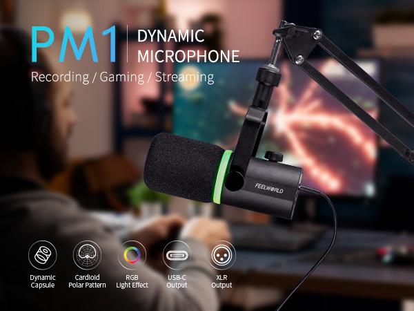 FEELWORLD PM1 XLR USB Dynamic Microphone with Boom Arm Stand for Podcast Recording PC Computer Gaming Live Streaming Vocal Voice-Over, Studio Metal Mic, RGB Light, Mute Button, Headphones Jack