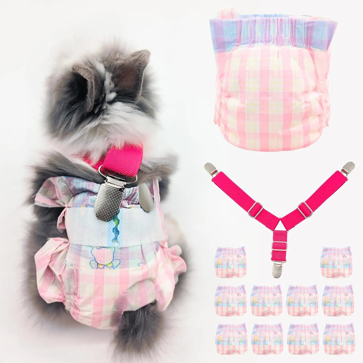 Disposable Rabbit Diapers with Leakproof Pads & Suspenders - Pink Plaid, S Size - 10 Pieces for Bunny Guinea Pig Small Pets (Indoor & Outdoor Use)