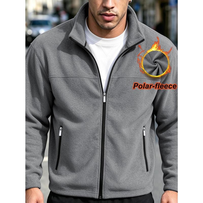 Men's Stand Collar Full Zip Polar Fleece Jacket, Soft Warm Breathable Long Sleeve Thermal Outerwear Featuring Secure Zipper Pockets, Versatile Casual Coat Perfect for Camping & Daily Autumn Outfits