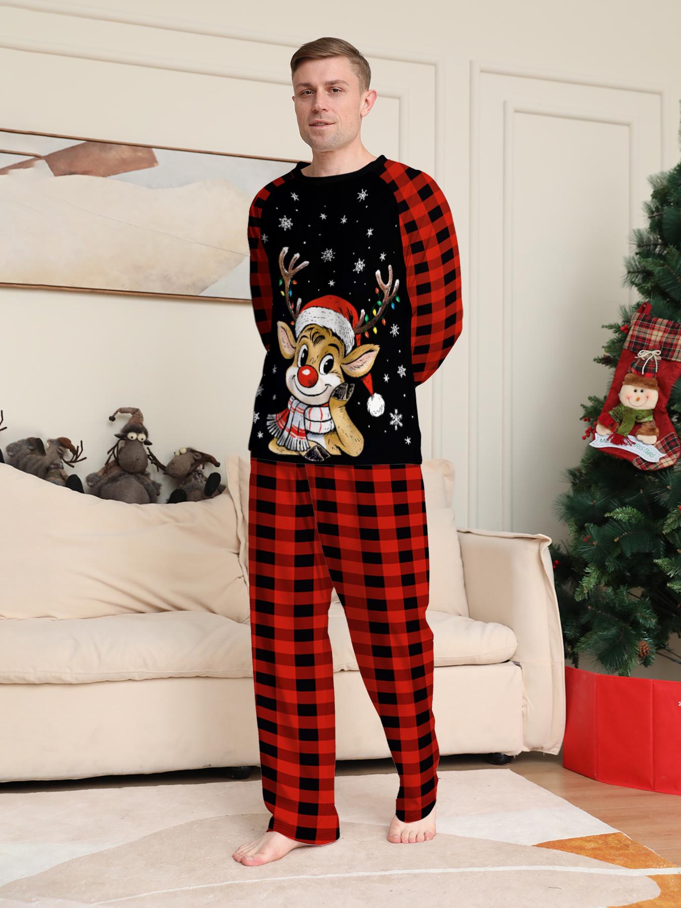 Plaid Reindeer Christmas Pajama Set, Cartoon Deer Print, Soft Long Sleeve Sleepwear, Family Matching, All Seasons