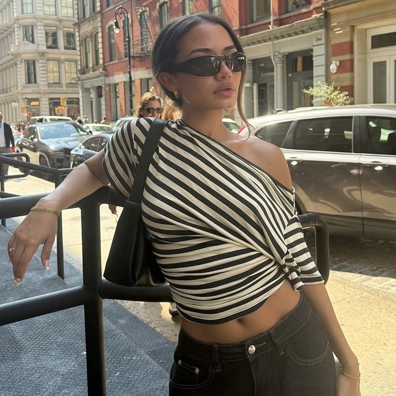 Women Summer Fashion Short Sleeve Asymmetrical One Shoulder Striped Asymmetric Hem T Shirt Tops Tee Casual Daily Tops