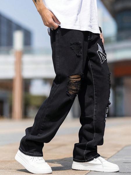 Men's Black Ripped Patched Wide-Leg Denim Jeans, Personalized Patches + Trendy Rips, a Must-Have for Street Trendsetters!