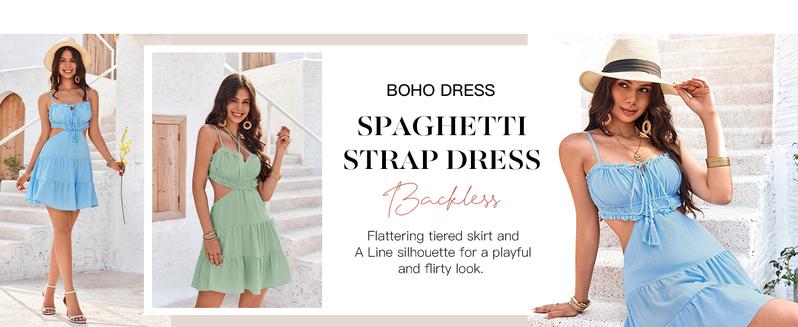 Wenrine Women's Summer Beach Mini Dress Adjustable Spaghetti Straps Sleeveless Backless Tiered Boho Sexy Dresses