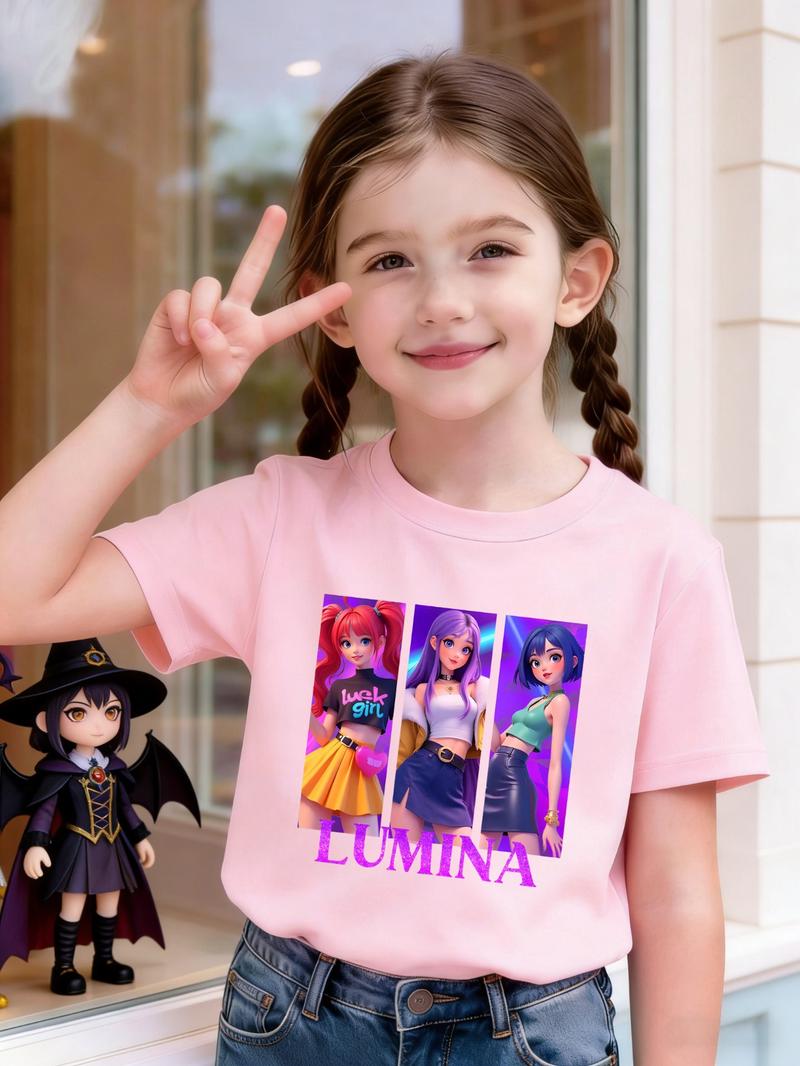 Kpop Hunter Girl Group New Year Hot Pattern Print Girls Casual Round Neck Loose Sports T-Shirt, Elastic Fabric, Kids Outdoor Indoor Activities