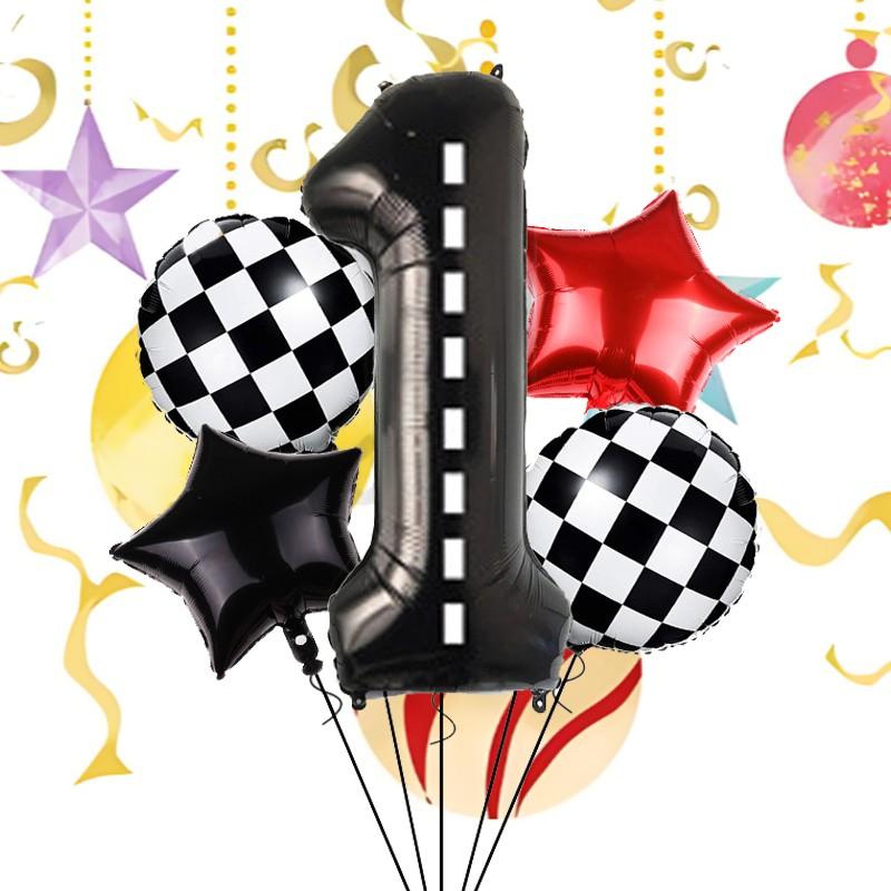 Race Car Theme Number Star Balloons, Checkered Foil, Multi Shape Mixed Color Set, Boys Birthday Party Decor