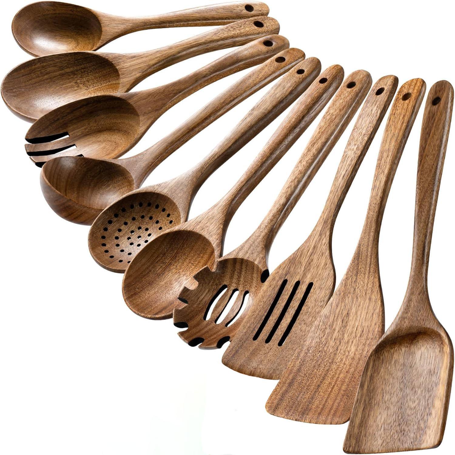 10-Piece Natural Teak Wood Kitchen Utensil Set, Durable Wooden Cooking Tools, Perfect for Mother's Day, Thanksgiving, Christmas