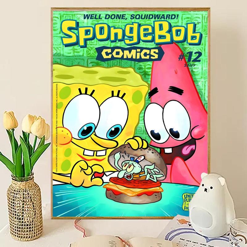 Animated Cartoon S-Sponge-Bob Poster Sticky Wall Art Printing Waterproof Modern Aesthetic Home Living Bedroom Decor Trendy Room Decoration Gift Durable High Quality