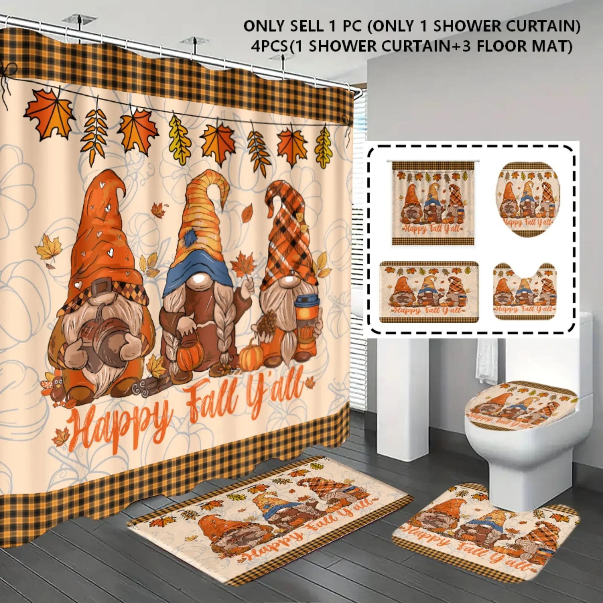 [Popular Choice] 1-Piece/4-Piece Set: Shower curtain and bathroom mat set featuring pumpkin and maple leaf patterns—perfect for Autumn, Halloween, and Thanksgiving décor; includes 12 hooks.