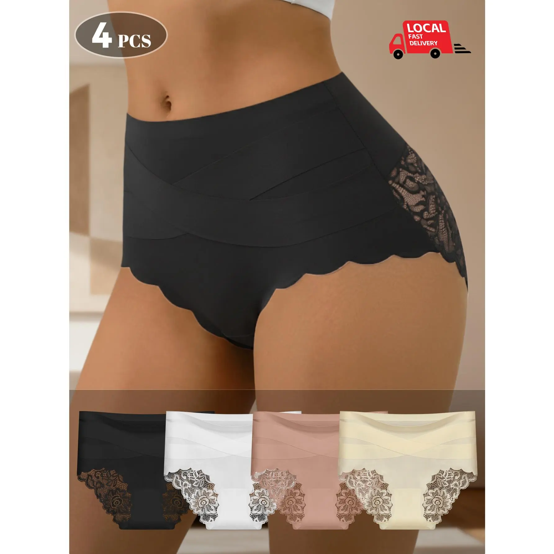 QUASTI 4PCS Comfortable High Rise Casual Panties Set, No Trace High‑Waist Hipster Underwear, Cross Tummy Control Waistband, Floral Contrast Lace Side & Wavy Edge, Seamless Ice‑Silk Silky Smooth Underwear, Confident Everyday Wear, S‑XXL, Summerwins