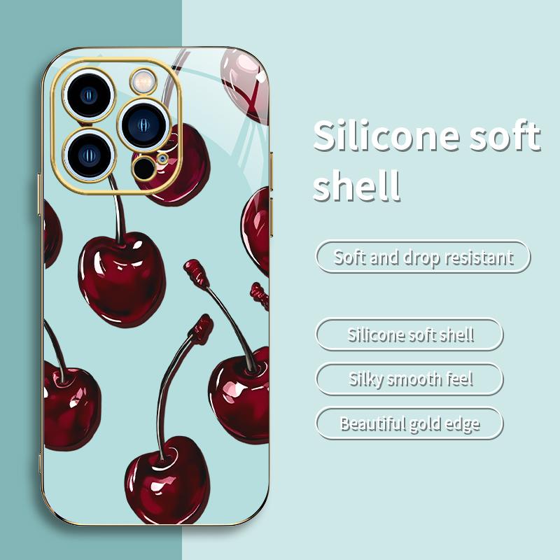 Vintage Cherry Coquette Phone Case – Glossy Dark Fruit Aesthetic, Gold Edges, Soft Cover for iPhone 14 Pro Max — 975