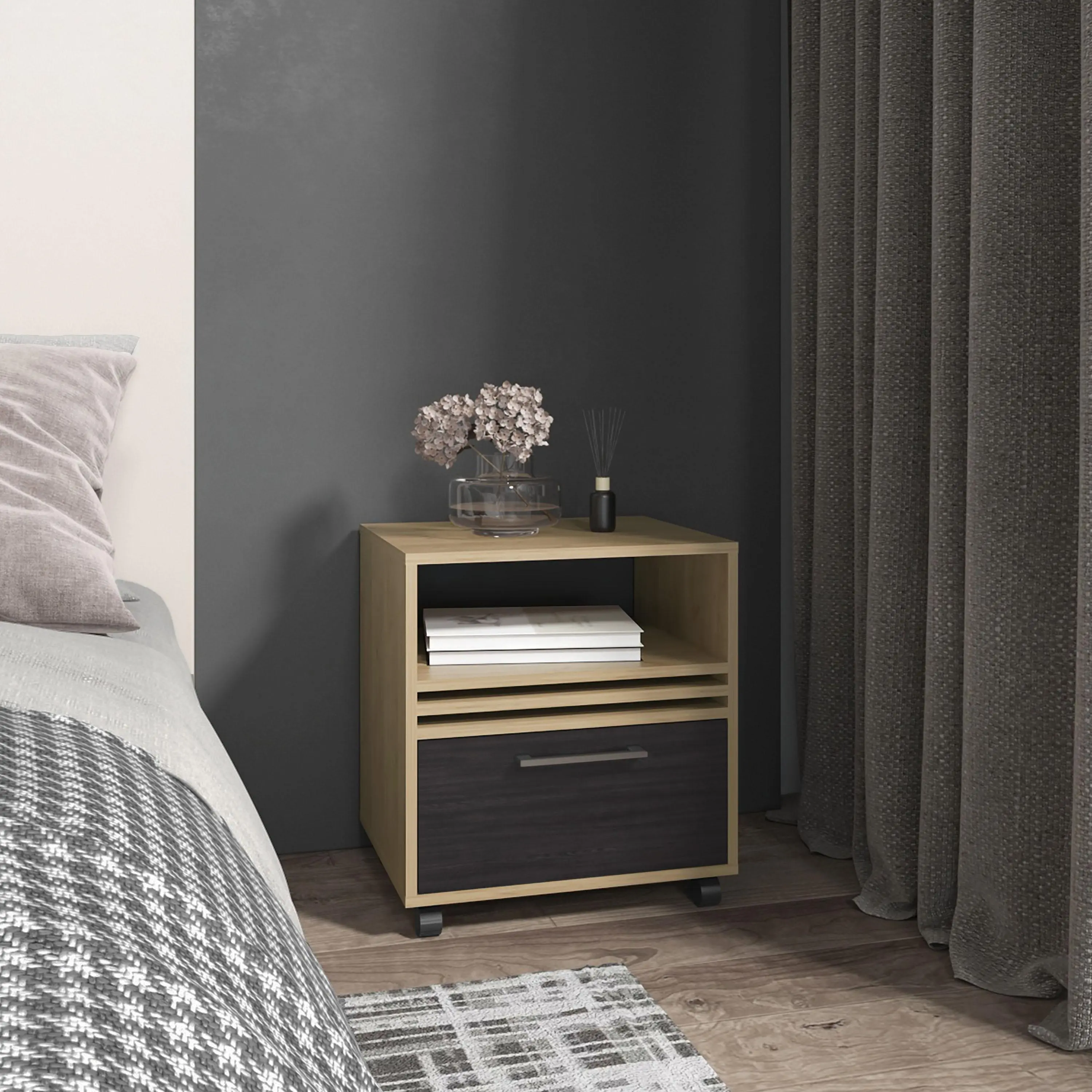 Rolling Nightstand with 1 Drawer and Open Shelf, Natural Oak Finish, 20" H Mobile Bedside Table on Casters for Bedroom