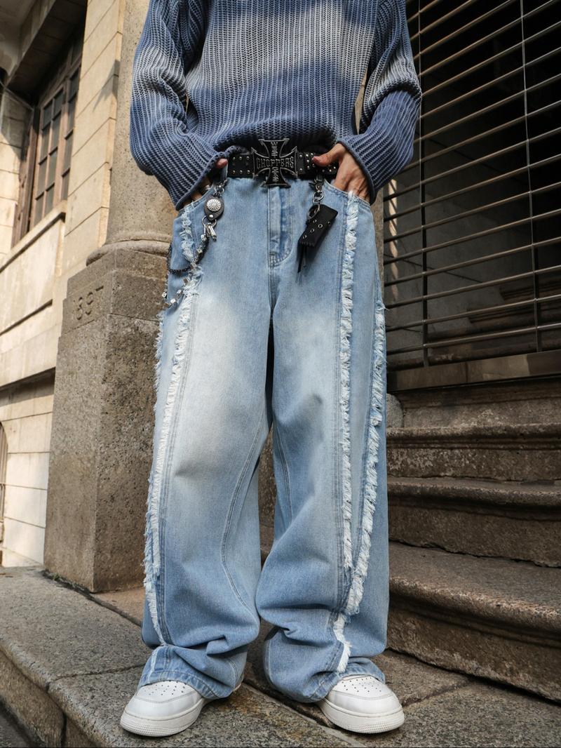 Men's American Casual Light Wash Blue Loose Straight Jeans, Y2K Street Style, Drop Crotch Design, All Seasons, Zipper Fly, Loose Fit