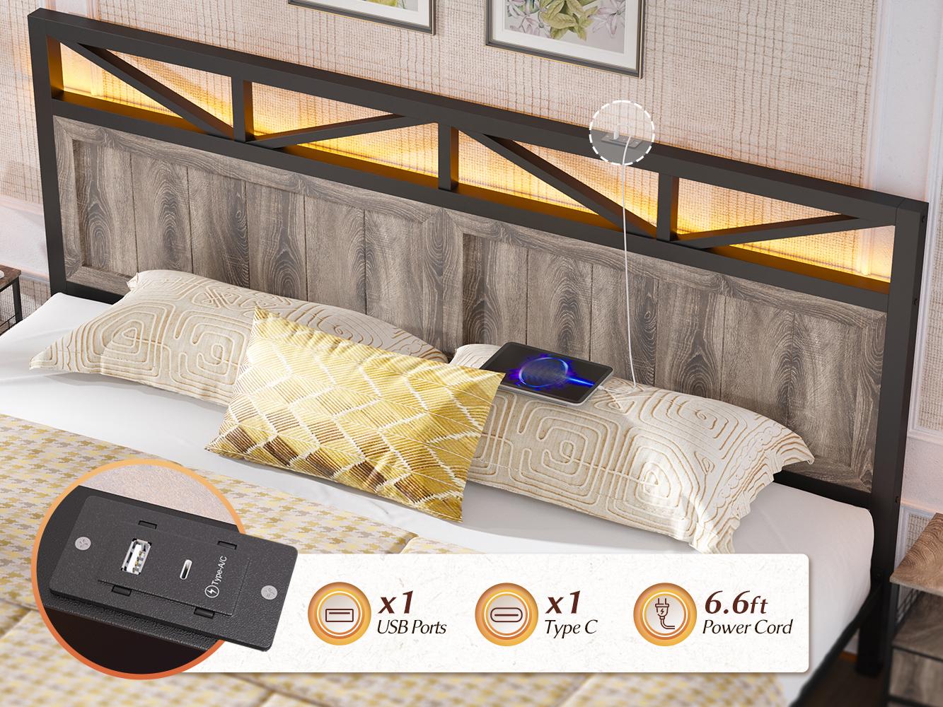 [Live] NO MATTRESS,LED Bed Frame with USB Outlet, Farmhouse Queen Size Bed Frames with 2 Storage Drawers & Built-in Charging Station, Wood Metal King Size Platform Bed Frame with Headboard, Farm Style Bedroom Furniture with LED