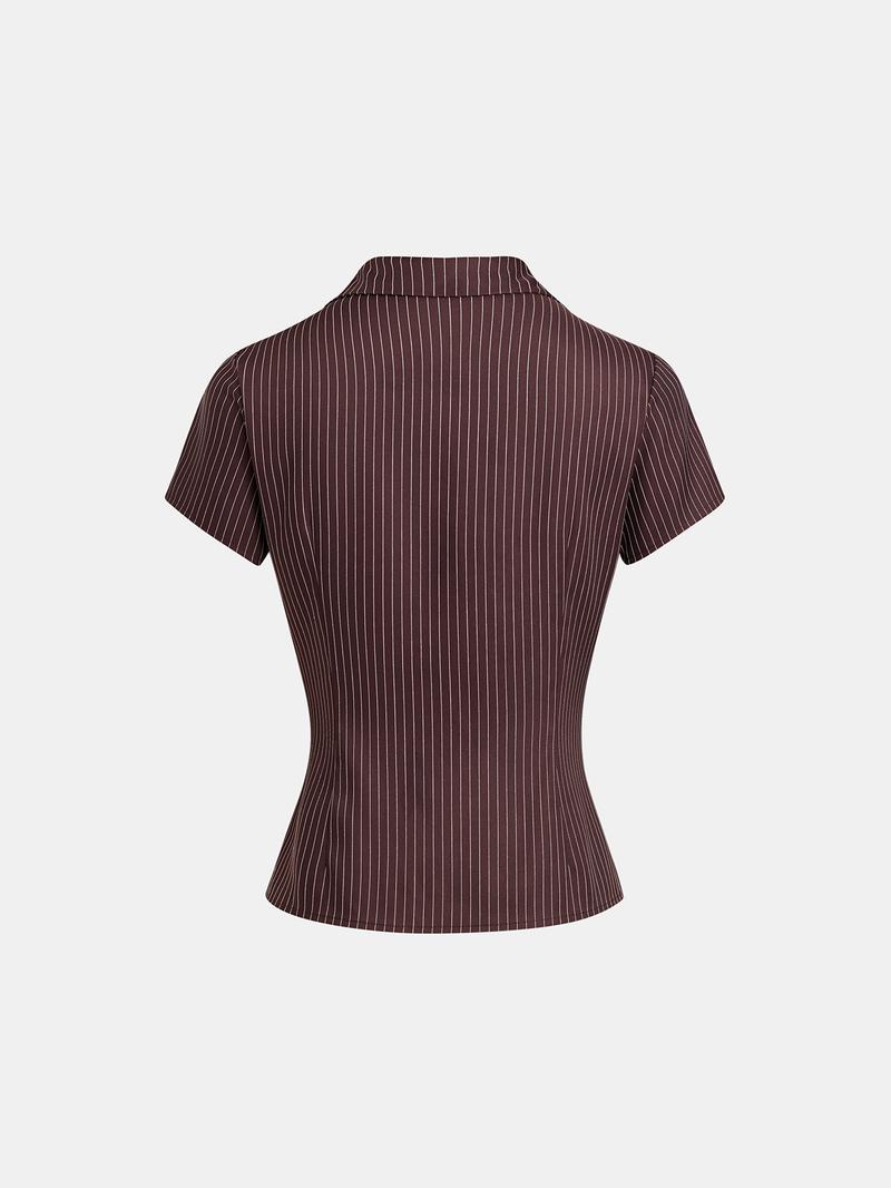 Women's Plain / Striped Print Button Shirt, Casual Fitted Collared, Casual Slim-fitting Short Sleeve Collared Top for Daily Wear, Ladies Clothes for All Seasons