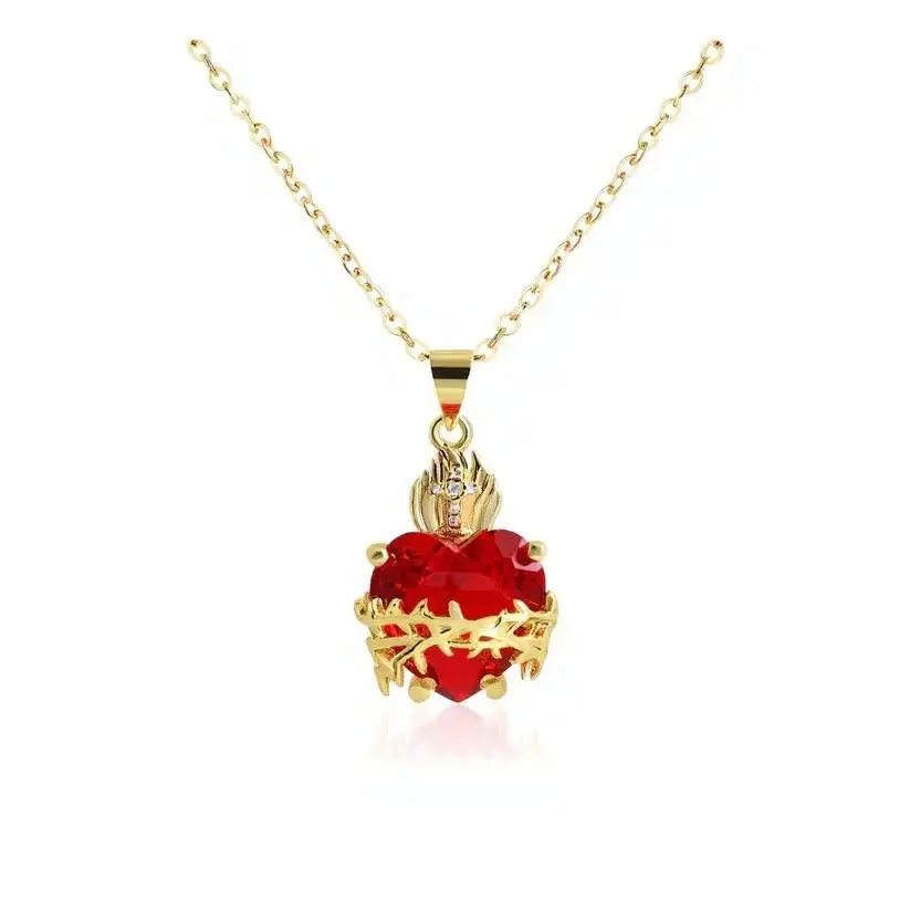 Women's Sacred Heart Necklace - 18K Gold Plated Red Cubic Zirconia Heart Pendant With Crown Of Thorns & Cross, Christian Faith Jewelry Gift For Baptism & Daily Wear
