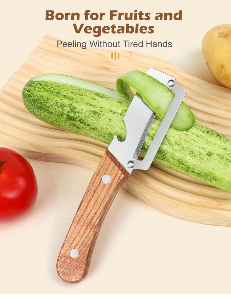 Vegetable & Fruit Peeler (Premium Grade) with Stainless Steel Blade, Wooden Handle, and Added Built-in Bottle Opener – Ideal for Potatoes, Apples, Zucchinis, Papayas, and Pumpkins