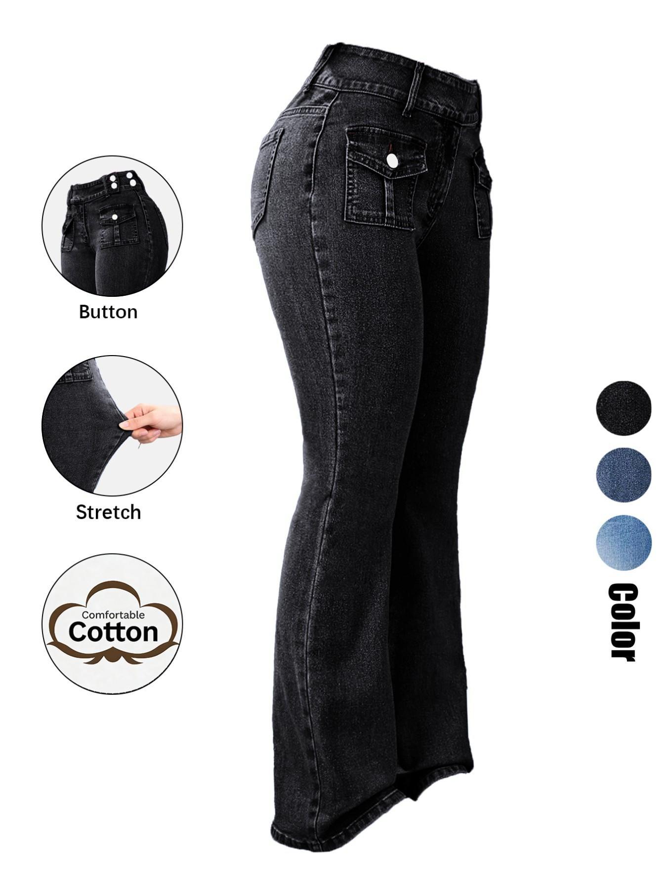 Women's Pocket Stretchy Jeans, Flared High-Waist Casual Comfy Bell Bottom Denim Trousers for Daily Wear, Ladies Bottoms for All Seasons Button