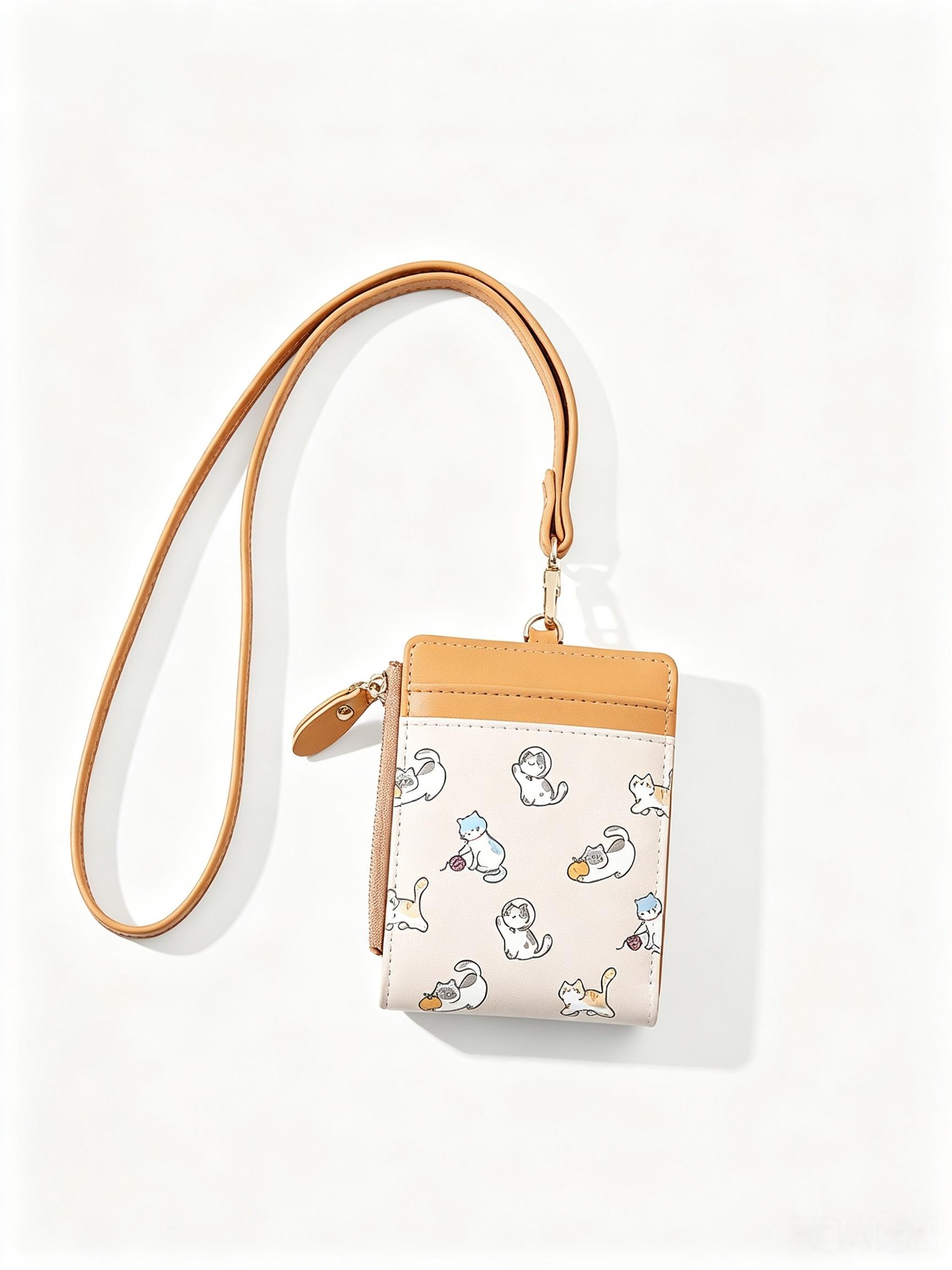 1PC Commute Neck Lanyard Card Holder, Student Campus ID Badge Case, Cute Cat Foldable Zipper Coin Purse, Cash & Card Storage Pouch for Shopping & Trips