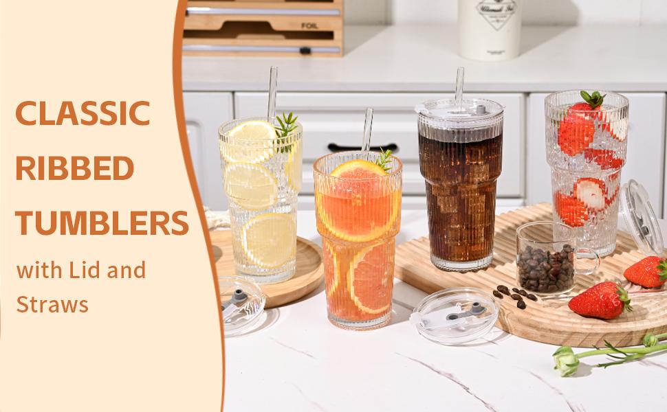 MHDCLY 20oz Ribbed Glass Tumblers Set of 2/4 with Lids & Straws Durable Reusable Leak-Proof Travel-Ready for Iced Coffee Smoothies Juice Cocktails Washable Stylish Drinkware
